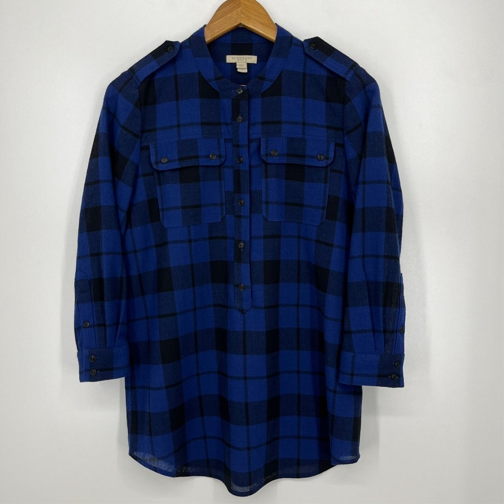 Burberry Brit Womens Blue Black Plaid 100% Wool Tunic Shirt Mandarin Collar S P